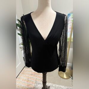 Chic Black Wrap Top with Lace Sleeves